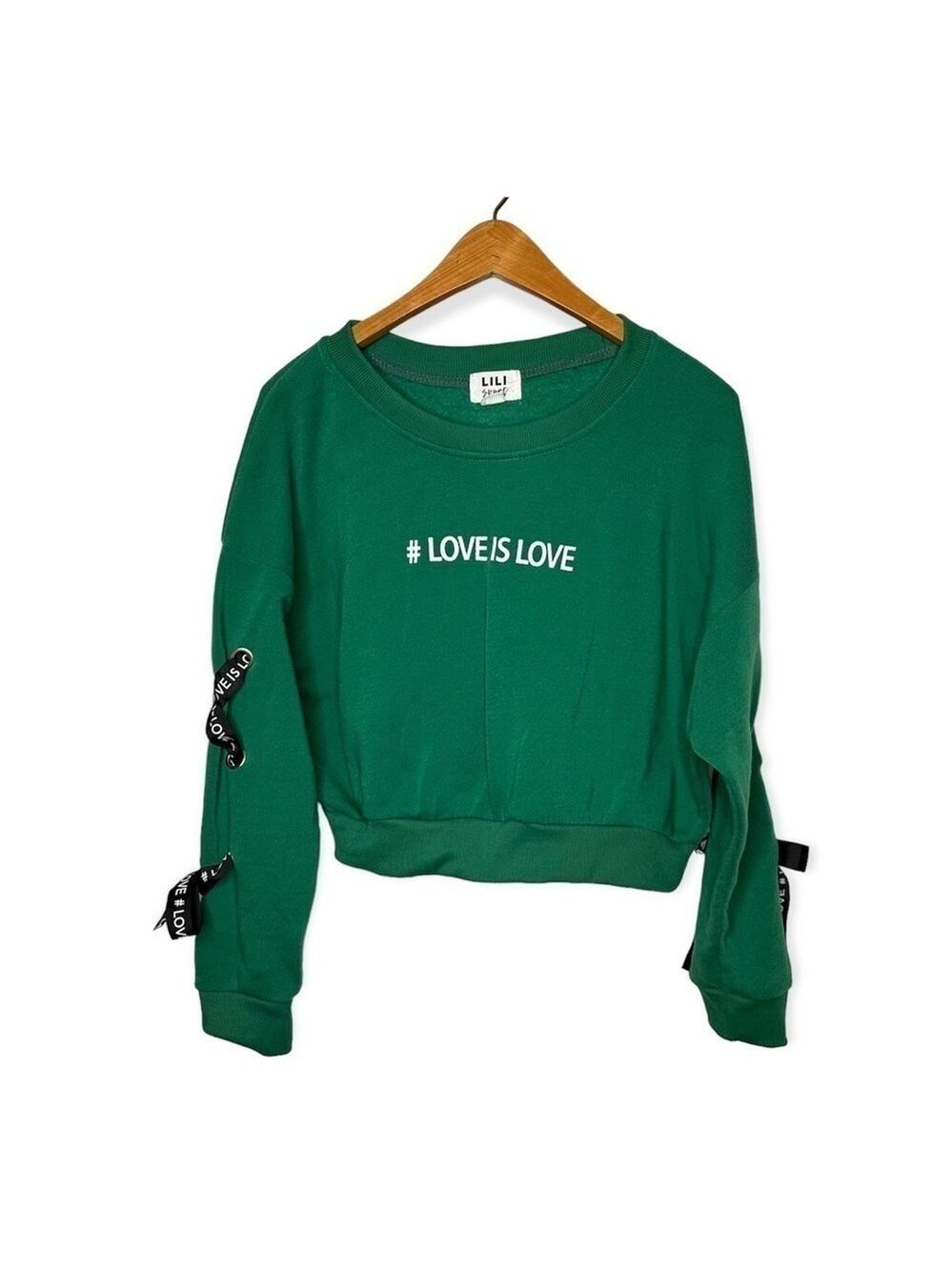 Lili Sport Green‎ Long Sleeve ‘Love Is Love’ Crop Sweatshirt Women's Size XL